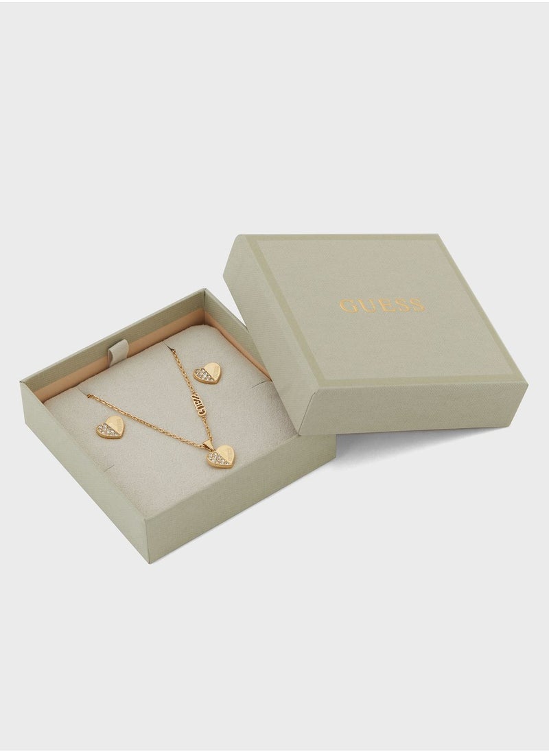 GUESS - Plain And Pave Heart Stud Earrings & Necklace Set - Image 1