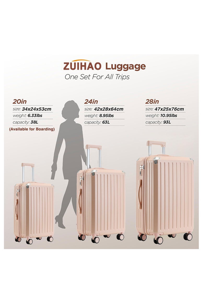 ZUIHAO Luggage Sets 3 Piece with Spinner Wheels Lightweight Durable Carry On Cabin Travel Suitcase with TSA Lock Hard Shell ABS+PC 20/24/28in Pink - Image 4