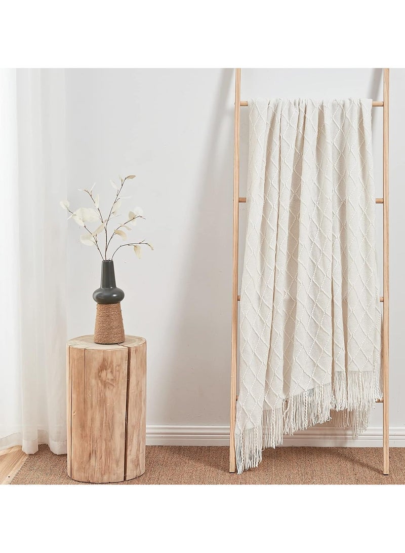 LIVQORA Hand-woven tassel blanket for sofa and bed, home decoration knitted blanket with tassels 127x172cm (off-white) - Image 2