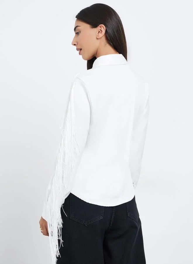 Styli Styli White Fringe Shirt with Concealed Placket