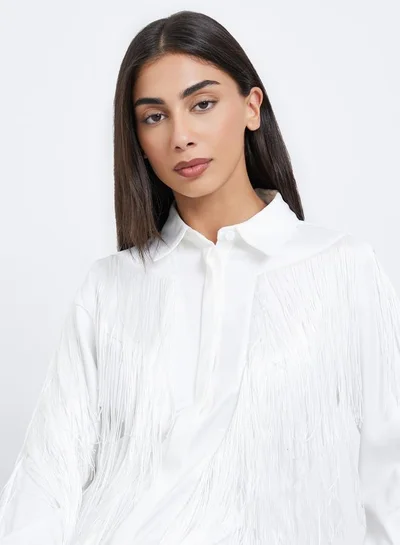 Styli Styli White Fringe Shirt with Concealed Placket
