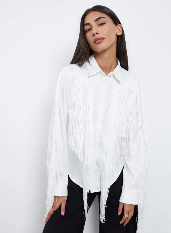 Styli Styli White Fringe Shirt with Concealed Placket