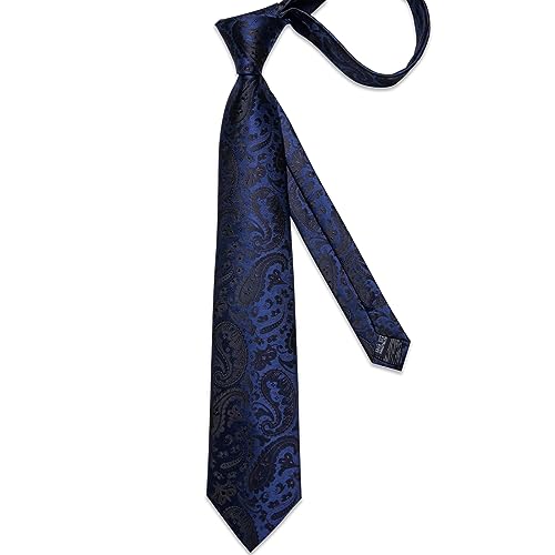 DiBanGu Paisley Ties for Men Silk Necktie and Pocket Square Cufflinks Tie Clip Set Woven Classic Mens Tie for Wedding Party, Navy Blue and Black - Image 5