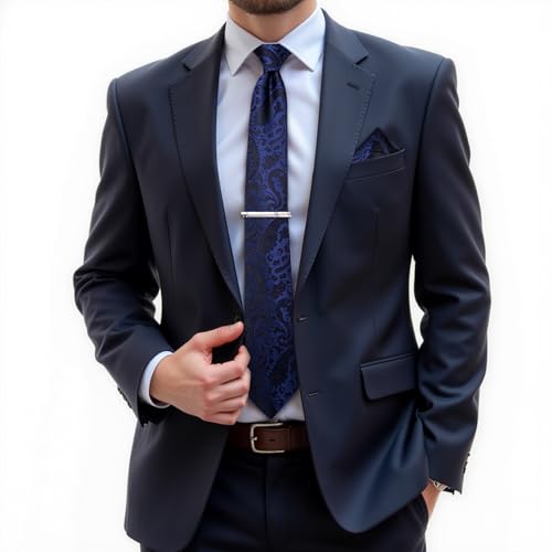 DiBanGu Paisley Ties for Men Silk Necktie and Pocket Square Cufflinks Tie Clip Set Woven Classic Mens Tie for Wedding Party, Navy Blue and Black - Image 2