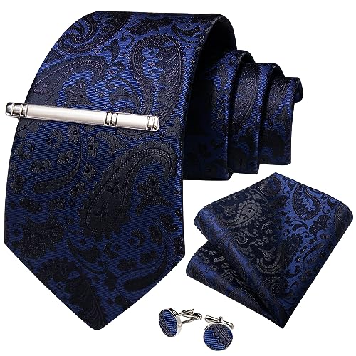 DiBanGu Paisley Ties for Men Silk Necktie and Pocket Square Cufflinks Tie Clip Set Woven Classic Mens Tie for Wedding Party, Navy Blue and Black - Image 3