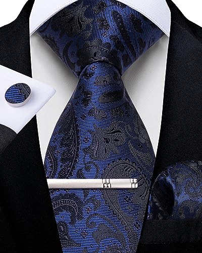 DiBanGu Paisley Ties for Men Silk Necktie and Pocket Square Cufflinks Tie Clip Set Woven Classic Mens Tie for Wedding Party, Navy Blue and Black - Image 4