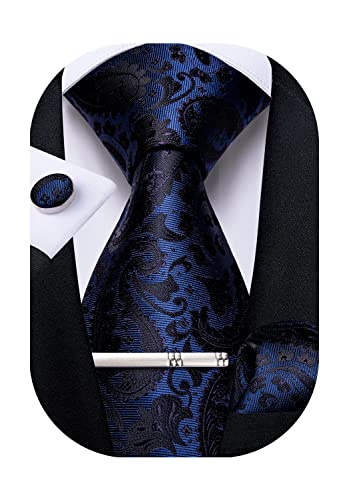 DiBanGu Paisley Ties for Men Silk Necktie and Pocket Square Cufflinks Tie Clip Set Woven Classic Mens Tie for Wedding Party, Navy Blue and Black - Image 1