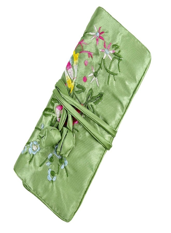 Wei Long Jewelry Roll, Travel Jewelry Roll Bag,Silk Embroidery Brocade Jewelry Organizer Case with Tie Close (Blossom, Light Green) - Image 1