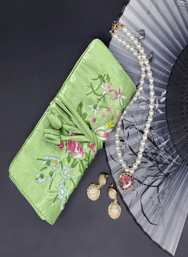 Wei Long Jewelry Roll, Travel Jewelry Roll Bag,Silk Embroidery Brocade Jewelry Organizer Case with Tie Close (Blossom, Light Green) - Image 5