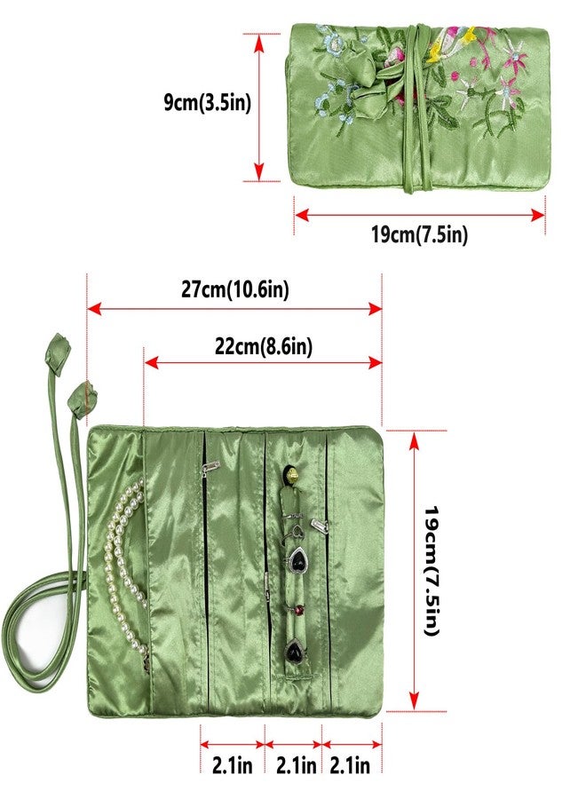 Wei Long Jewelry Roll, Travel Jewelry Roll Bag,Silk Embroidery Brocade Jewelry Organizer Case with Tie Close (Blossom, Light Green) - Image 4