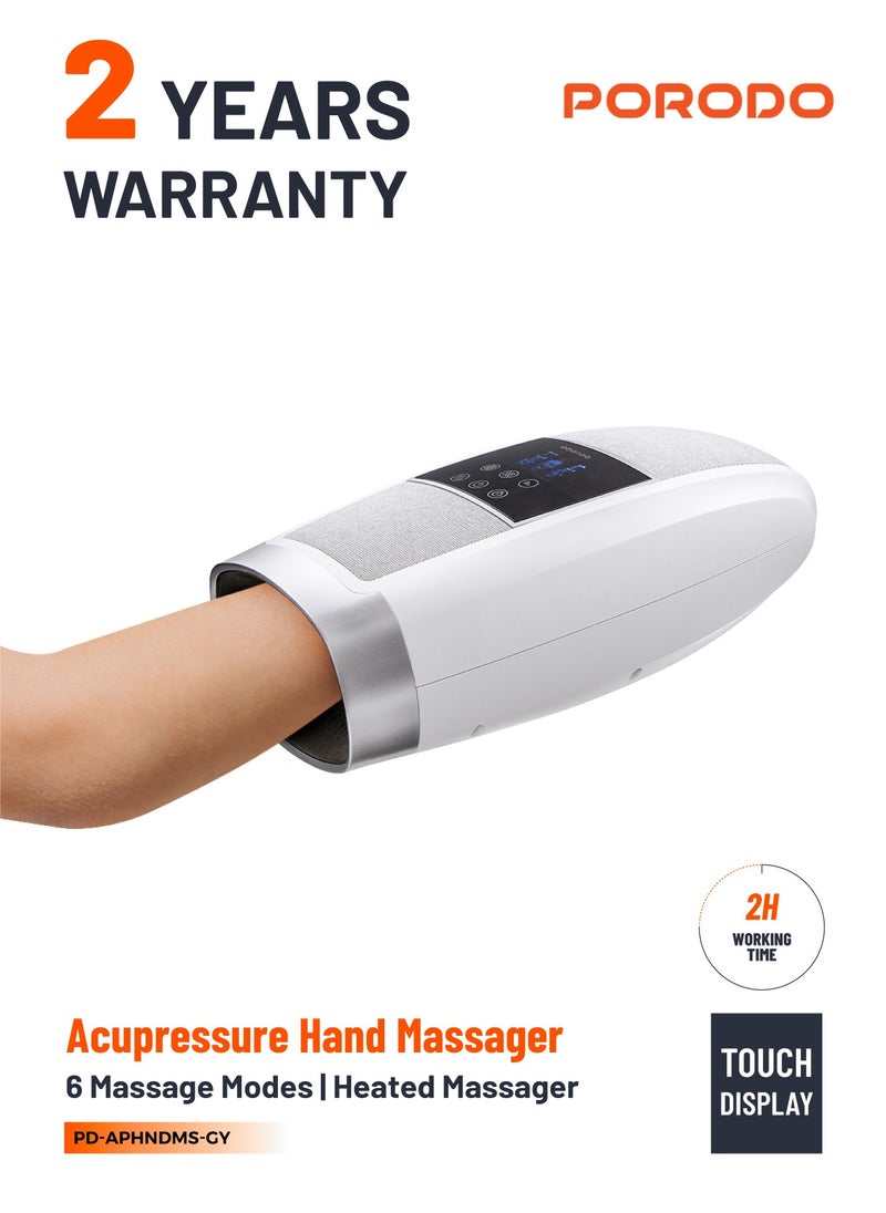 porodo Acupressure Hand Massager with Six Modes / Hand and Fingers Heated Massager / Ergonomic Design / Adjustable Vibration / Warm Compression / Palm Acupuncture Massage / Rechargeable - Grey  - Image 1