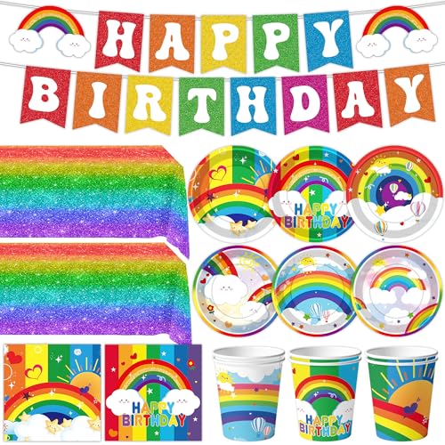 DMIGHT Rainbow Birthday Party Supplies Rainbow Theme Party Decorations for Boy Include Tablecloth Banner Plate Napkin Cups - Image 1