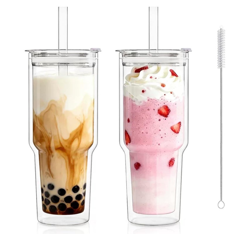KEMORELA 28 oz Double Wall Glass Tumblers Set of 2, Extra-Wide 13mm Reusable Glass Drinking Straws, Boba Tumbler, Wide-Mouth Water Cups for Iced Coffee, Smoothies, Boba & Tea Lovers (Clear) - Image 1