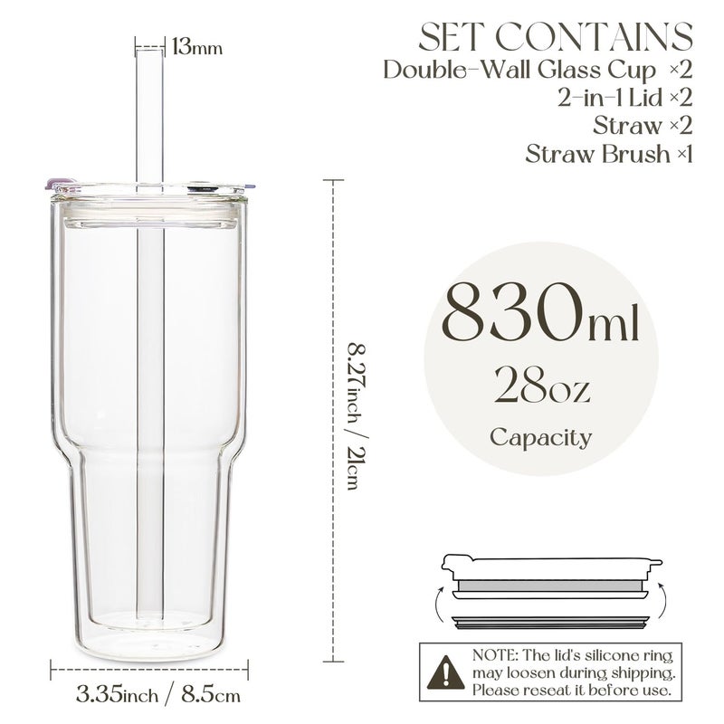 KEMORELA 28 oz Double Wall Glass Tumblers Set of 2, Extra-Wide 13mm Reusable Glass Drinking Straws, Boba Tumbler, Wide-Mouth Water Cups for Iced Coffee, Smoothies, Boba & Tea Lovers (Clear) - Image 3
