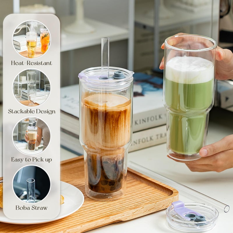 KEMORELA 28 oz Double Wall Glass Tumblers Set of 2, Extra-Wide 13mm Reusable Glass Drinking Straws, Boba Tumbler, Wide-Mouth Water Cups for Iced Coffee, Smoothies, Boba & Tea Lovers (Clear) - Image 5