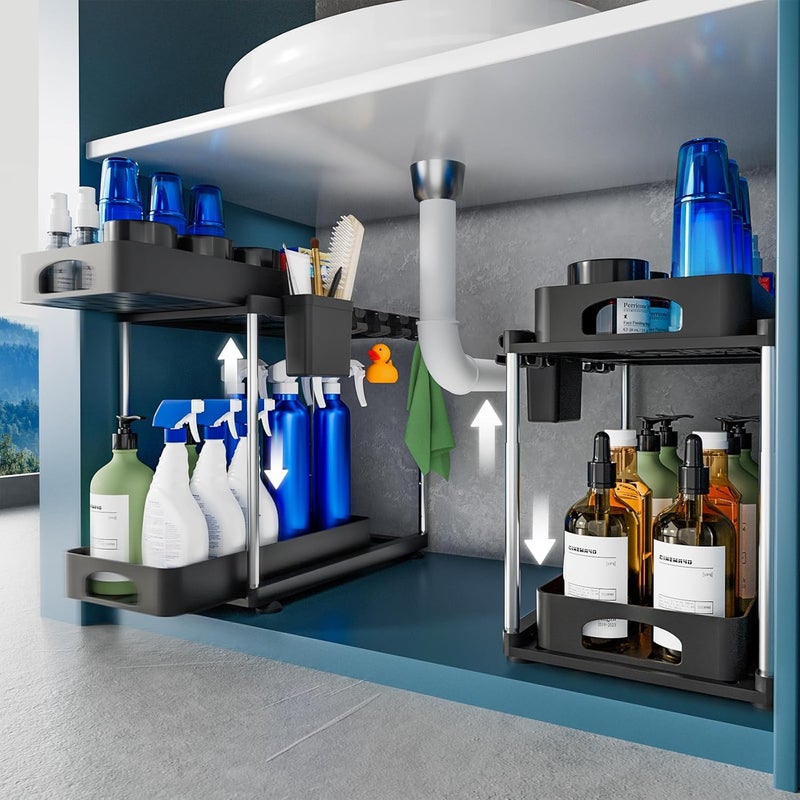 VERIFOST 2 Pack Under Sink Organizer, 2 Tier Under Sink Organizers and Storage for Kitchen Bathroom, Height Adjustable Cabinet Organizer with Two Slide-Out Drawers,Black - Image 1