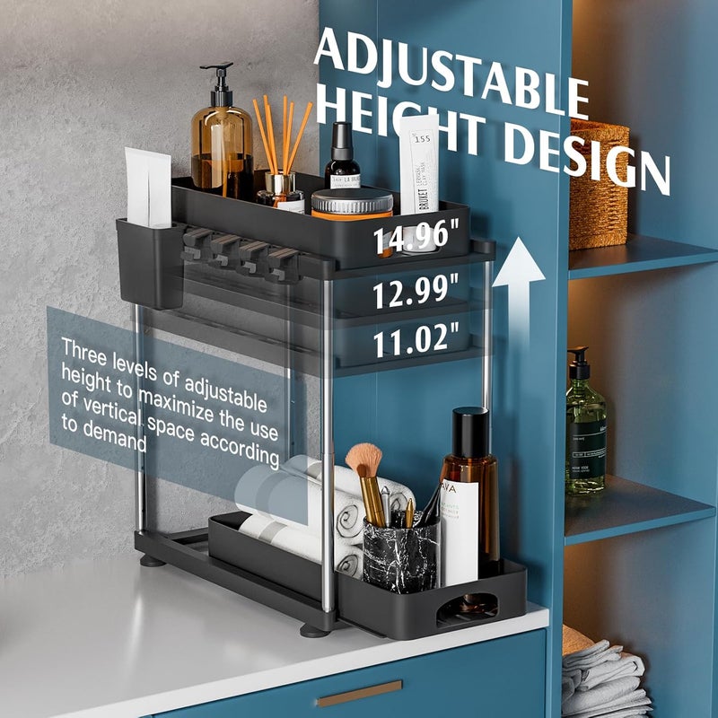 VERIFOST 2 Pack Under Sink Organizer, 2 Tier Under Sink Organizers and Storage for Kitchen Bathroom, Height Adjustable Cabinet Organizer with Two Slide-Out Drawers,Black - Image 4