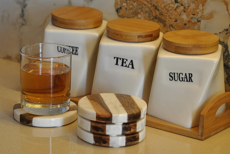 Frescorr (TM) - Luxurious Atelier Marble and Wood Set of 4 Coasters, 4 x 4 inches for Drinks, Hot/Cold,Coffee Mugs, Beer Cans,Bar Glasses. Tea Table/Bar Coasters (Round) - Image 2