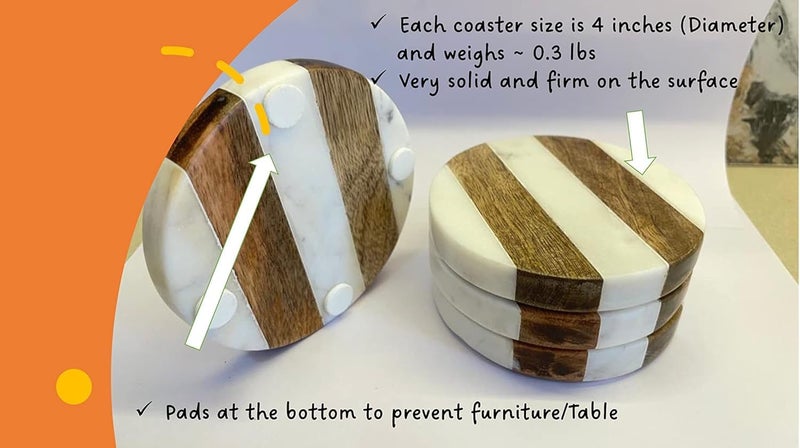 Frescorr (TM) - Luxurious Atelier Marble and Wood Set of 4 Coasters, 4 x 4 inches for Drinks, Hot/Cold,Coffee Mugs, Beer Cans,Bar Glasses. Tea Table/Bar Coasters (Round) - Image 4