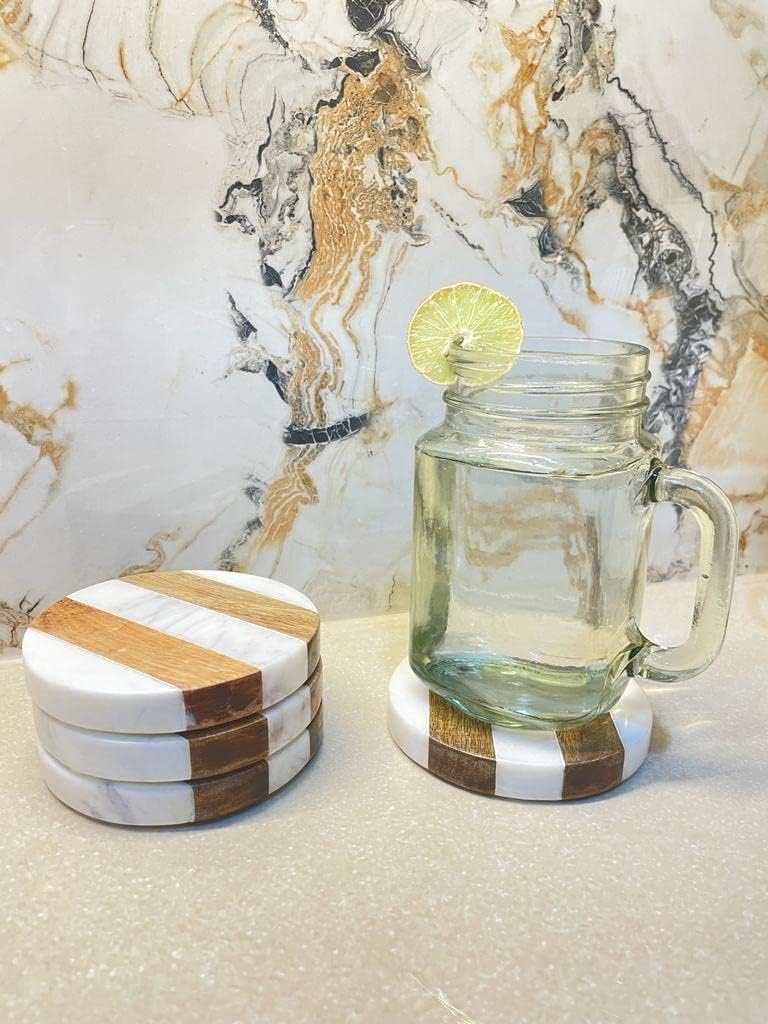 Frescorr (TM) - Luxurious Atelier Marble and Wood Set of 4 Coasters, 4 x 4 inches for Drinks, Hot/Cold,Coffee Mugs, Beer Cans,Bar Glasses. Tea Table/Bar Coasters (Round) - Image 3