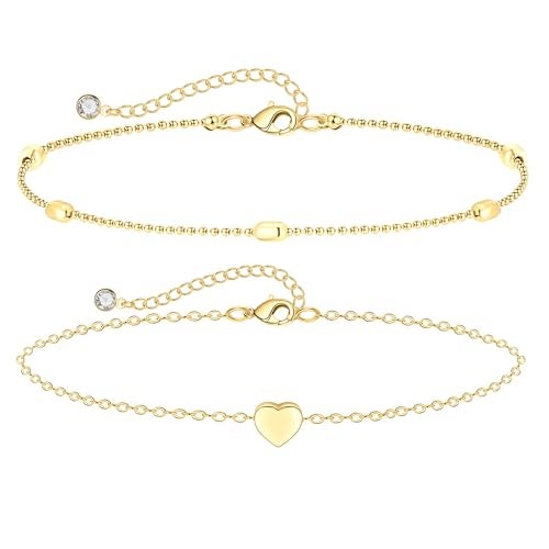 MIDEEO Gold/Silver Ankle Bracelets for Women,14K Gold Anklets for Women Waterproof Cuban Link Heart Beads Herringbone Rhinestone Anklets Set Layered Anklet Bracelets for Women Gold Jewelry Gift - Image 1
