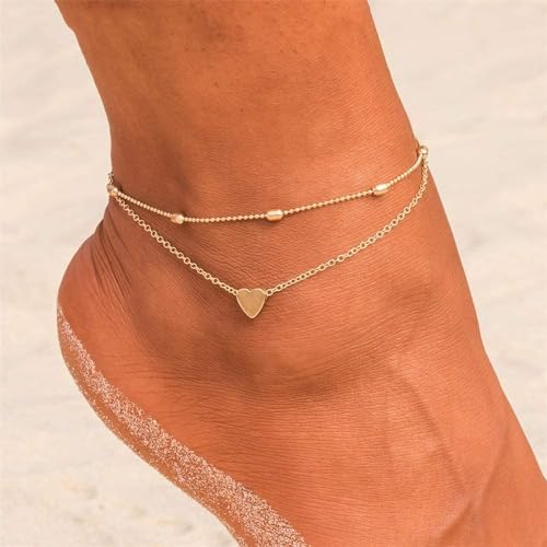 MIDEEO Gold/Silver Ankle Bracelets for Women,14K Gold Anklets for Women Waterproof Cuban Link Heart Beads Herringbone Rhinestone Anklets Set Layered Anklet Bracelets for Women Gold Jewelry Gift - Image 2