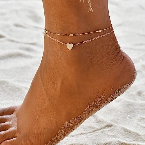 MIDEEO Gold/Silver Ankle Bracelets for Women,14K Gold Anklets for Women Waterproof Cuban Link Heart Beads Herringbone Rhinestone Anklets Set Layered Anklet Bracelets for Women Gold Jewelry Gift - Image 5