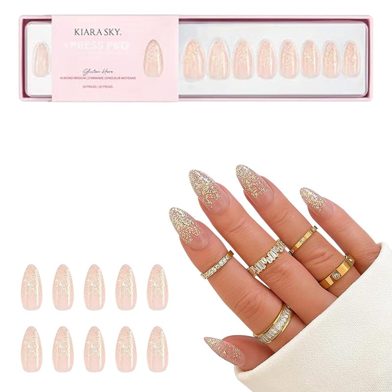 Kiara Sky XPRESS PRO 100% Acrylic Press On Nails - Instant Salon Quality Manicure, Long-Lasting, Easy Application, 30 Pieces Kit, Almond Medium-Glisten Here