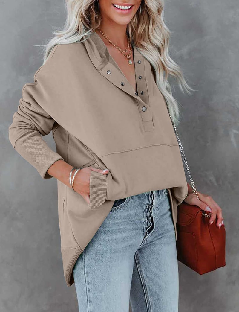 onlypuff Oversized Hoodies for Women Pullover Trendy V Neck Sweatshirt Womens Top Juniors Hooded Sweatshirt Long Sleeve Deep Apricot M - Image 3