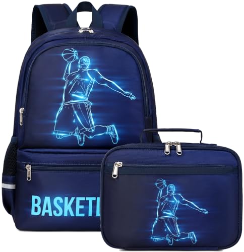 JIANYA Kids Backpack for School Boys, Basketball Themed Backpack with Lunch Box Elementary Kids School Bag Travel Back Pack for Boy, Blue - Image 1