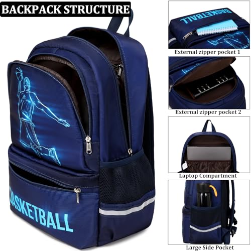 JIANYA Kids Backpack for School Boys, Basketball Themed Backpack with Lunch Box Elementary Kids School Bag Travel Back Pack for Boy, Blue - Image 3