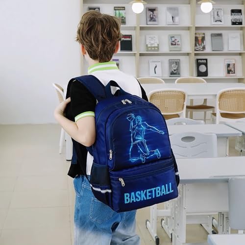 JIANYA Kids Backpack for School Boys, Basketball Themed Backpack with Lunch Box Elementary Kids School Bag Travel Back Pack for Boy, Blue - Image 2