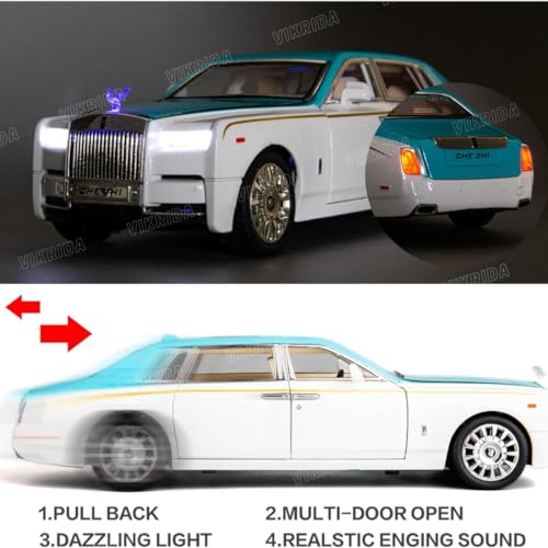 VikriDA 1/24 Rolls-Royce Phantom Model Car,Zinc Alloy Pull Back Toy Diecast Toy Cars with Sound and Light for Kids Boy Girl Gift(Blue-White) - Image 4