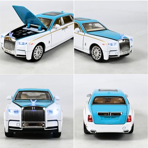VikriDA 1/24 Rolls-Royce Phantom Model Car,Zinc Alloy Pull Back Toy Diecast Toy Cars with Sound and Light for Kids Boy Girl Gift(Blue-White) - Image 2