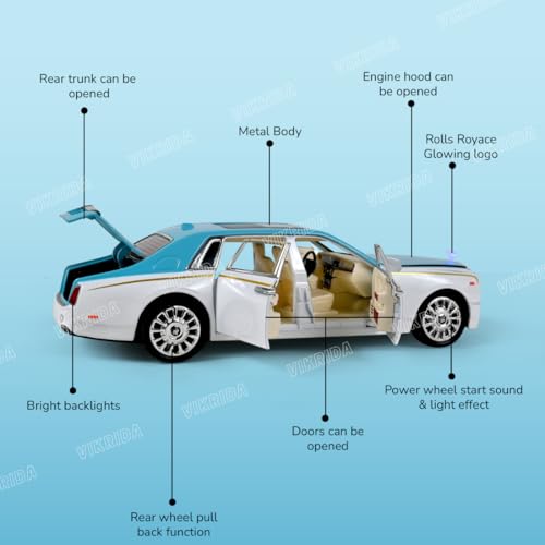 VikriDA 1/24 Rolls-Royce Phantom Model Car,Zinc Alloy Pull Back Toy Diecast Toy Cars with Sound and Light for Kids Boy Girl Gift(Blue-White) - Image 3