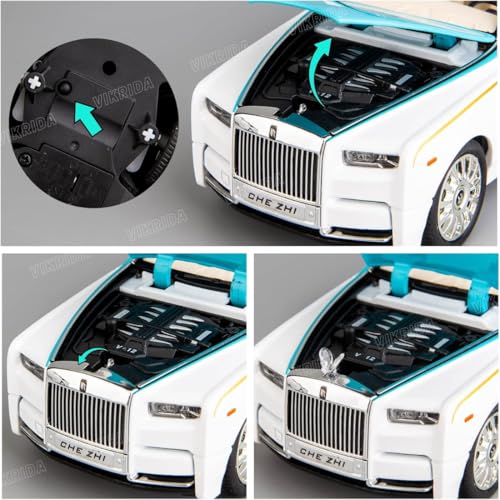 VikriDA 1/24 Rolls-Royce Phantom Model Car,Zinc Alloy Pull Back Toy Diecast Toy Cars with Sound and Light for Kids Boy Girl Gift(Blue-White) - Image 5