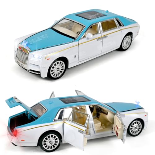 VikriDA 1/24 Rolls-Royce Phantom Model Car,Zinc Alloy Pull Back Toy Diecast Toy Cars with Sound and Light for Kids Boy Girl Gift(Blue-White) - Image 1