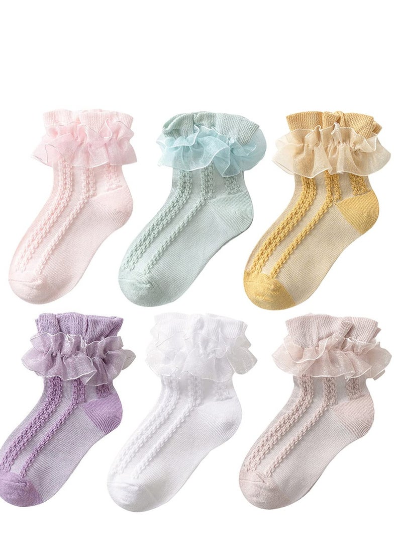 Suntown 6 Pairs Girls Lace Ruffle Cotton Frilly Ankle Socks Cotton White Princess Dance Dress Socks for Little/Big Kids 4-6Y (6 colors) - Image 1