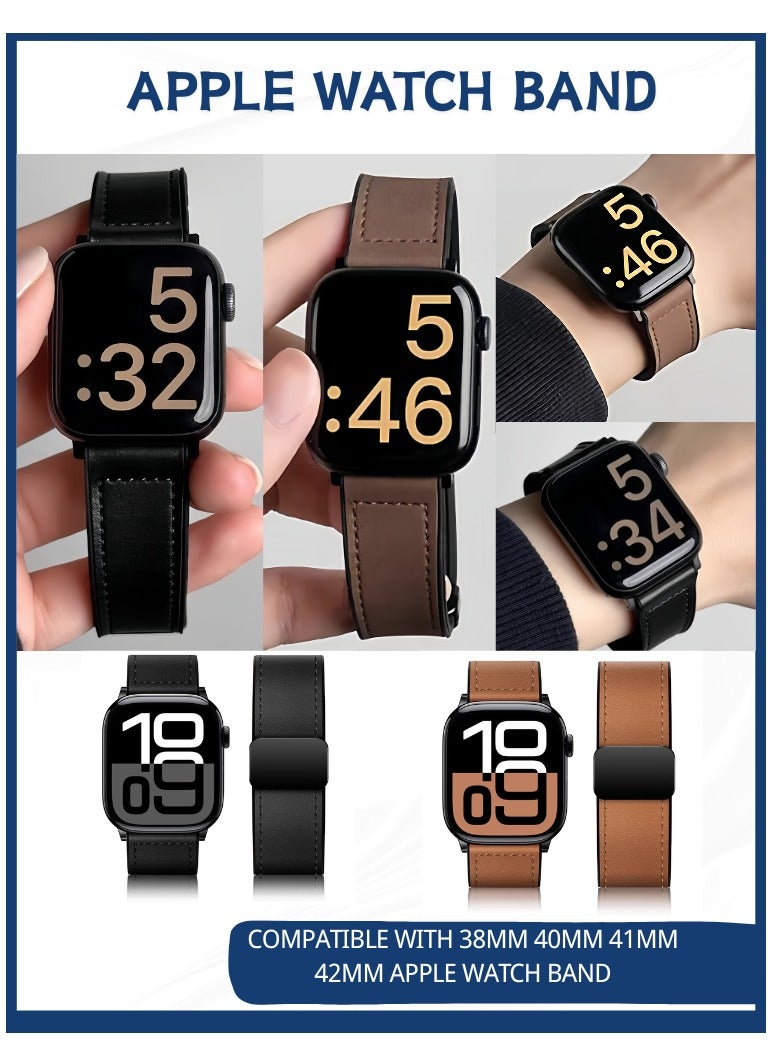 أفضل ذروة حزام سيليكون جلدي مغناطيسي قابل للتعديل لساعة Apple Watch، (الحزام فقط، الساعة غير متضمنة)، عبوة من قطعتين - حزام بني + حزام أسود، حزام ساعة Apple، حزام ساعة قابل للتعديل، حزام ساعة رفيع للرجال والنساء iWatch Series10 9 8 7 6 5 4 3 2 1متوافق مع حزام ساعة Apple Watch مقاس 38 مم و40 مم و41 مم و42 مم - Image 2