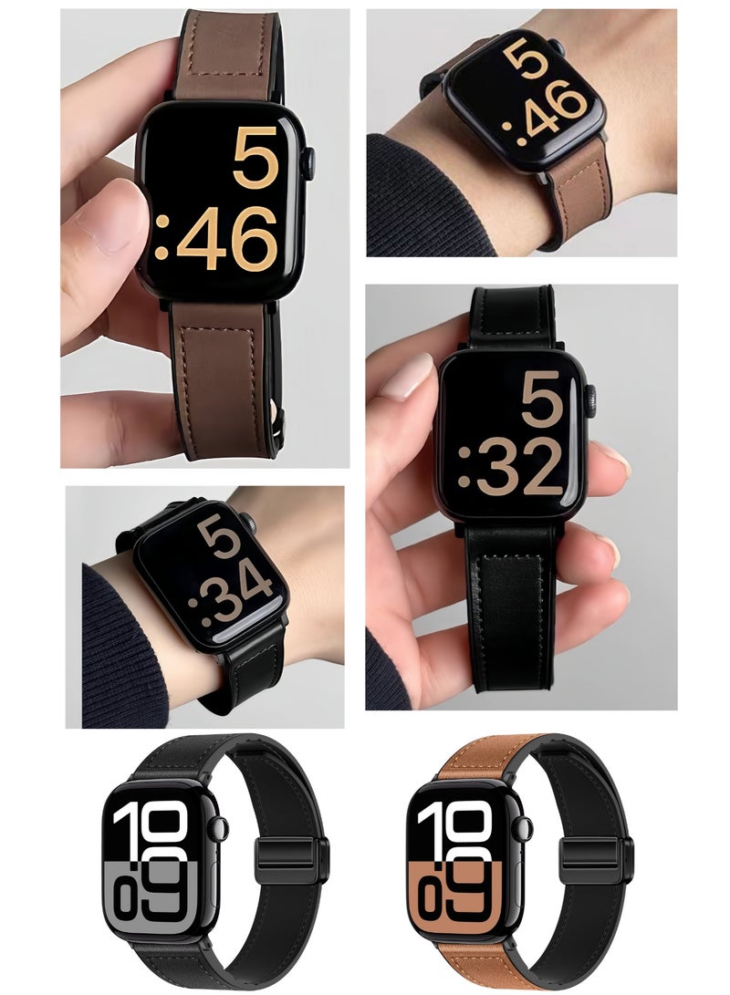أفضل ذروة حزام سيليكون جلدي مغناطيسي قابل للتعديل لساعة Apple Watch، (الحزام فقط، الساعة غير متضمنة)، عبوة من قطعتين - حزام بني + حزام أسود، حزام ساعة Apple، حزام ساعة قابل للتعديل، حزام ساعة رفيع للرجال والنساء iWatch Series10 9 8 7 6 5 4 3 2 1متوافق مع حزام ساعة Apple Watch مقاس 38 مم و40 مم و41 مم و42 مم - Image 1