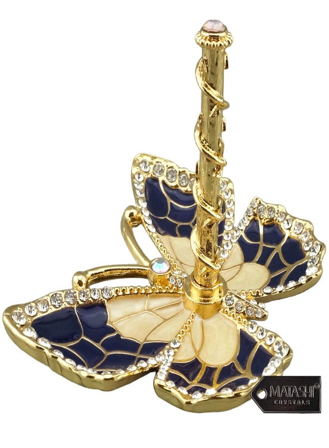Matashi Mother's Day Gift for Mom - Blue Enamel and Gold Plated Butterfly Jewelry Stand Organizer Ring Holder Embellished with Crystals - Image 1