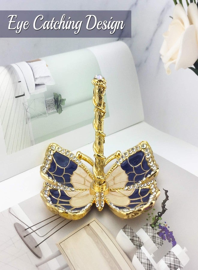 Matashi Mother's Day Gift for Mom - Blue Enamel and Gold Plated Butterfly Jewelry Stand Organizer Ring Holder Embellished with Crystals - Image 4