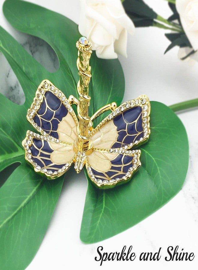 Matashi Mother's Day Gift for Mom - Blue Enamel and Gold Plated Butterfly Jewelry Stand Organizer Ring Holder Embellished with Crystals - Image 3