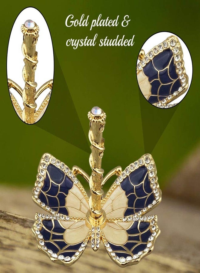 Matashi Mother's Day Gift for Mom - Blue Enamel and Gold Plated Butterfly Jewelry Stand Organizer Ring Holder Embellished with Crystals - Image 5
