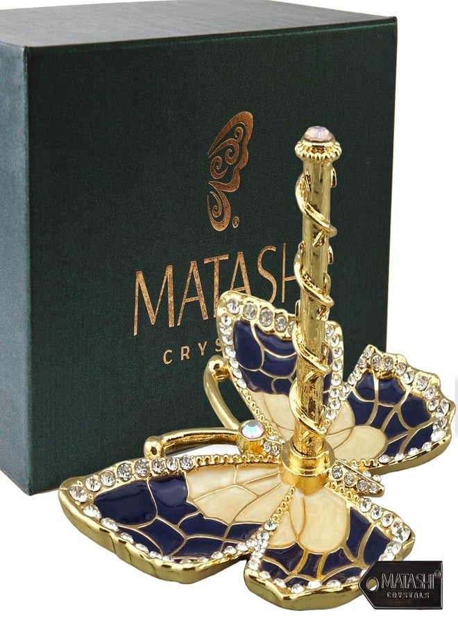 Matashi Mother's Day Gift for Mom - Blue Enamel and Gold Plated Butterfly Jewelry Stand Organizer Ring Holder Embellished with Crystals - Image 2