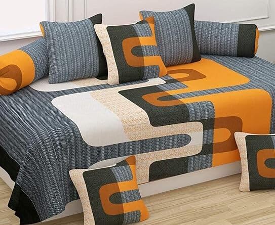 TIB Elastic Fitted Diwan Set Covers 100 Cotton 8 Piece Printed Design Diwan Set 1 Fitted Bedsheet Single Bed 2 Boolster 5 Cushion Covers Pipe Yellow - Image 3