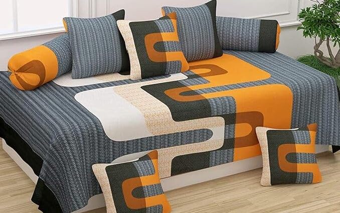 TIB Elastic Fitted Diwan Set Covers 100 Cotton 8 Piece Printed Design Diwan Set 1 Fitted Bedsheet Single Bed 2 Boolster 5 Cushion Covers Pipe Yellow - Image 4