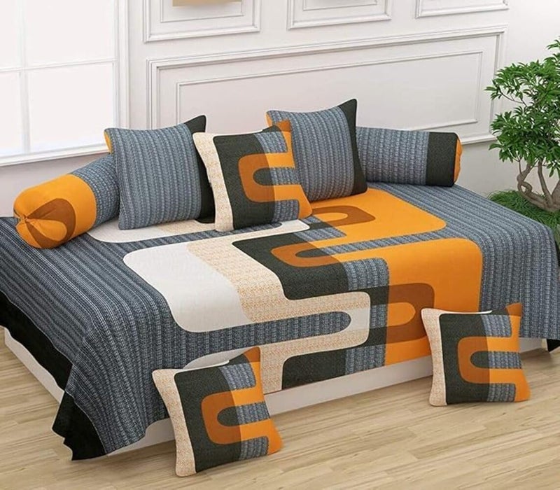 TIB Elastic Fitted Diwan Set Covers 100 Cotton 8 Piece Printed Design Diwan Set 1 Fitted Bedsheet Single Bed 2 Boolster 5 Cushion Covers Pipe Yellow - Image 1