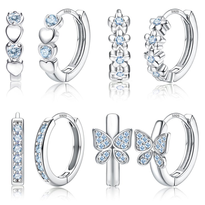 Yadoca ðŸ—ðŸðŸ“ ð’ð­ðžð«ð¥ð¢ð§ð  ð’ð¢ð¥ð¯ðžð« ðð¨ð¬ð­ Small Hoop Earrings For Girls Hypoallergenic Huggie Earrings for Women - Cute Heart Flowers Butterfly Star Cubic Zirconia Cartilage Earrings For Sensitive Ears Blue 4Pairs - Image 1