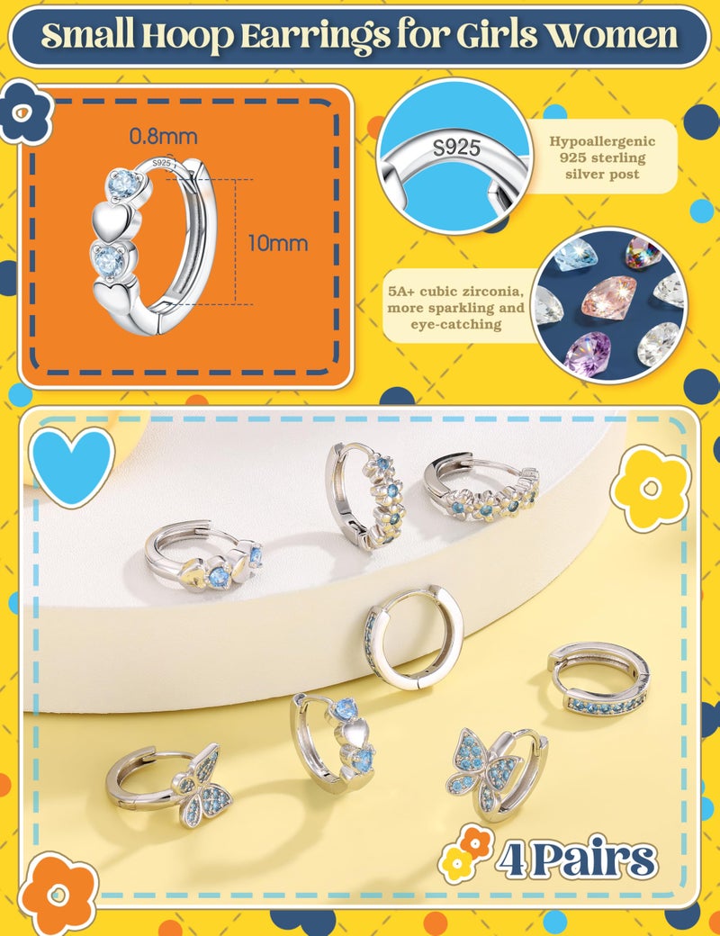 Yadoca ðŸ—ðŸðŸ“ ð’ð­ðžð«ð¥ð¢ð§ð  ð’ð¢ð¥ð¯ðžð« ðð¨ð¬ð­ Small Hoop Earrings For Girls Hypoallergenic Huggie Earrings for Women - Cute Heart Flowers Butterfly Star Cubic Zirconia Cartilage Earrings For Sensitive Ears Blue 4Pairs - Image 5